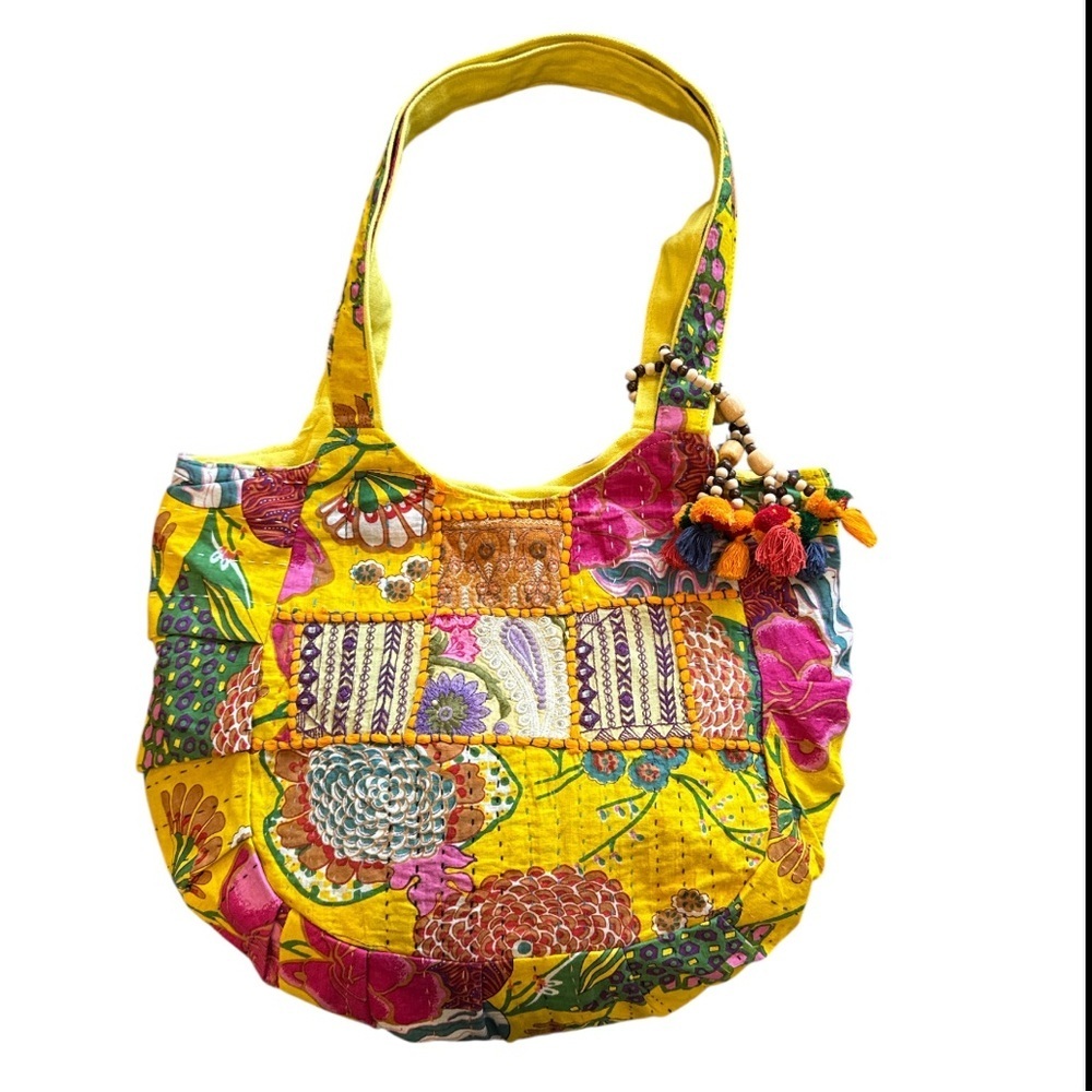 Tribe Azure Fair Trade Cotton Yellow Multi Patchwork Boho Tassel Tote Bag NWOT - Picture 4 of 16